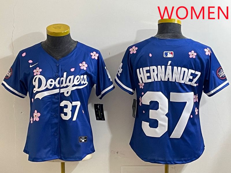 Women Los Angeles Dodgers #37 Hernandez Blue Sakura Edition 2025 Nike MLB Jersey style 3